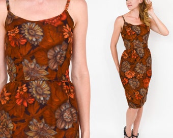 1950s Brown Floral Dress | 50s Brown Cotton Daisy Print Dress | Spaghetti Strap Dress | Wiggle Dress | Extra Small