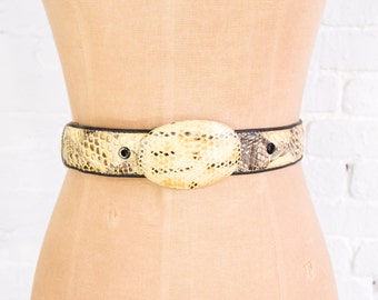 1960s Python Snakeskin Belt | 60s Beige Python Leather Belt | Creme Patchwork Leather Belt