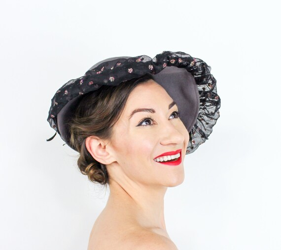 1940s Gray Wool Hat | 40s Gray & Black Netting Hat