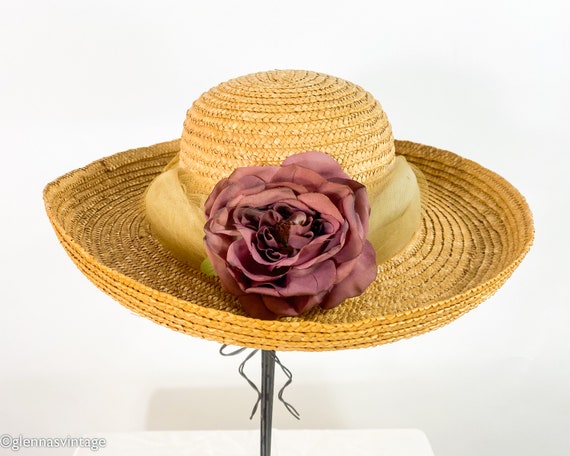Vintage 90s Straw Hat With Dusty Rose - Etsy display picture 1