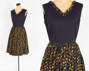 1950s Black Cotton Sleeveless Dress | 50s Black Floral Print Cotton Dress | Rockabilly | Medium