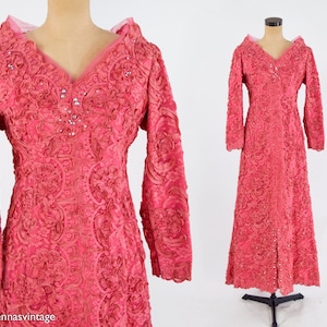 1940s Coral Pink Lace & Rhinestone Evening Gown 40s Pink Soutache Lace Rhinestone Dress Old Hollywood Medium image 1