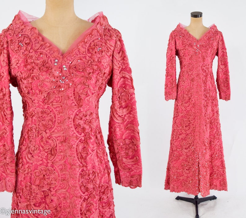 1940s Coral Pink Lace & Rhinestone Evening Gown 40s Pink Soutache Lace Rhinestone Dress Old Hollywood Medium image 1