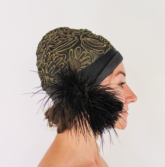 1920s Flapper Cloche Hat | Black Silk, Gold Soutache  display picture 1
