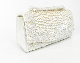 1950s White Beaded Evening Bag | 50s White Beaded Cylinder Purse | Richere