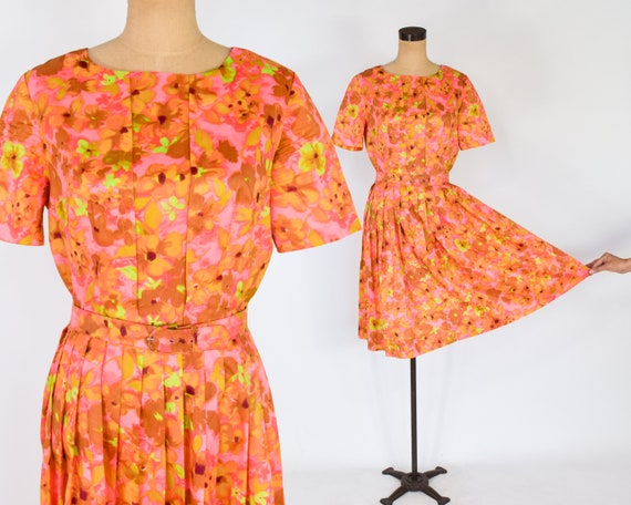 1950s Orange Floral Dress | 50s Orange Flowered Dr