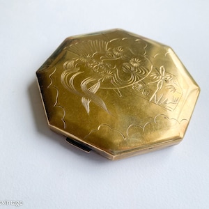 1940s Asian Design Gold Compact 40s Asian Mask Compact Brass Etched Asian Compact image 1