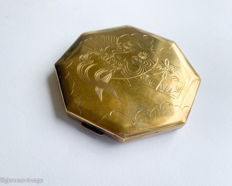 1940s Asian Design Gold Compact 40s Asian Mask Compact Brass Etched Asian Compact image 1