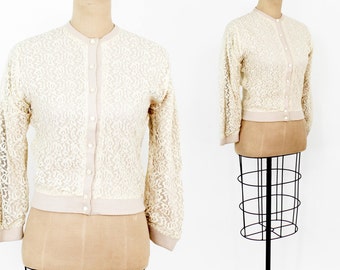 1950s St Laurent Creme Lace Cardigan | Vintage Off White Acrylic Cardigan, Small