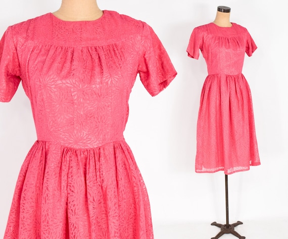 1950s Pink Floral Dress | 50s Bright Pink Chiffon