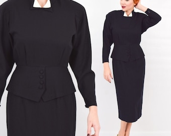 1940s Black Wool Dress | 40s Black Long Sleeve Peplum Dress | Old Hollywood | Medium