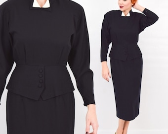 Abito peplum in lana nera anni '40 / Stile vintage Hollywood nero, taglia M