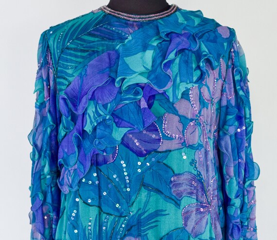1980s Blue Silk Chiffon Ruffled Party Dress | 80s… - image 7