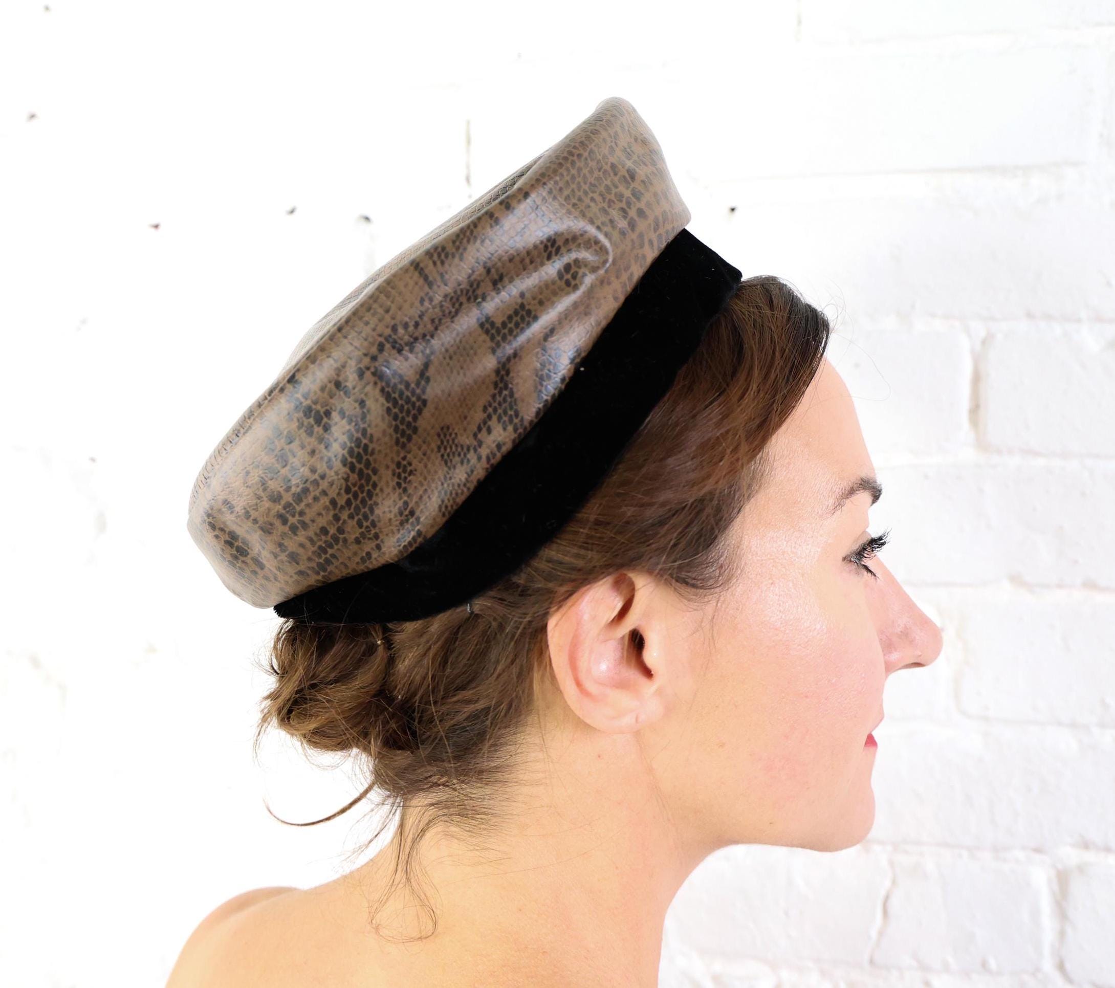 Fun 1960s Vintage Snakeskin Print Satin Big Bubble Beret Hat Brown Cream Shades 1970s Faux Snakeskin Beret Hat | Brown Vinyl Hat - Etsy main image 2