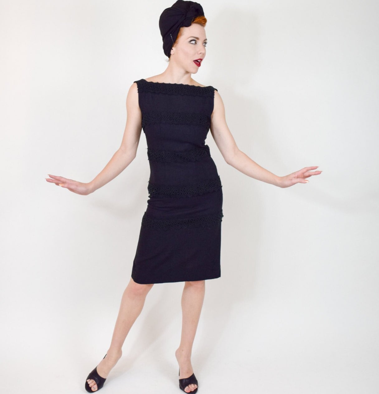 1960s Vintage Black Cotton Sheath Dress | Black Lace Sleeveless Shift, Small