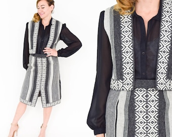 1970er Jahre graues Woll-Rock-Westen-Set | Vintage Schwarz & Weiß Gestreiftes Midi, Medium