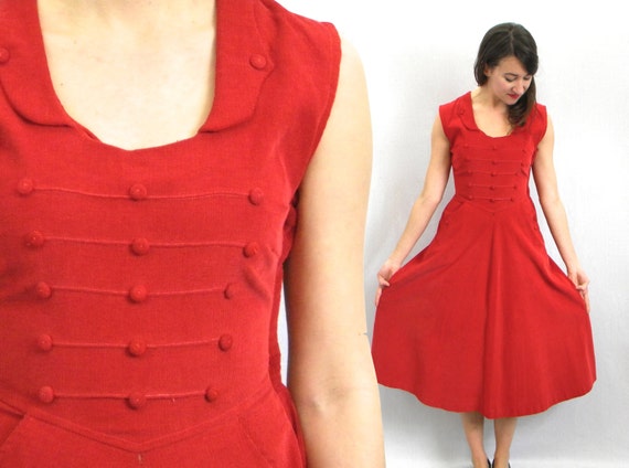 1940s Red Corduroy Dress | 40s Red Sleeveless Cord