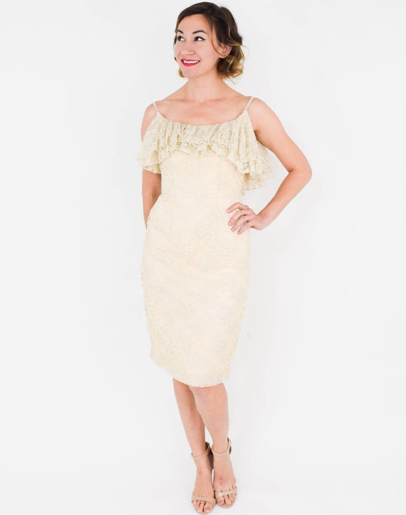 1950s Creme Floral Lace Ruffle Dress | 50s Beige … - image 4