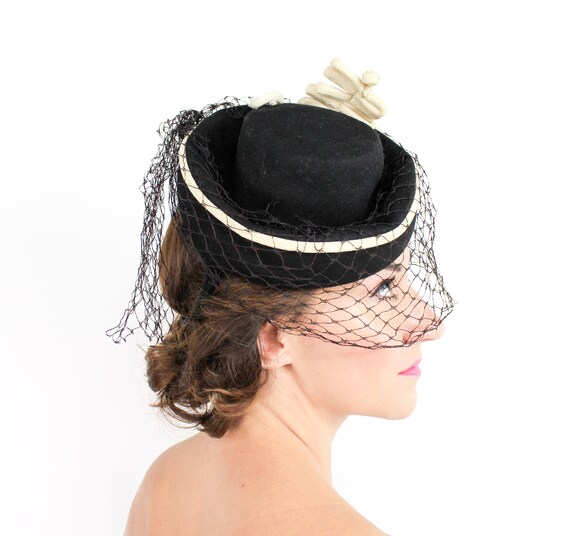 1940s Black Wool Fascinator | 40s Black Wool Felt