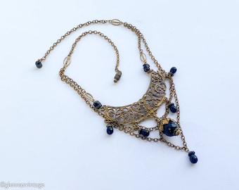 1940s Gold Filigree Brass Necklace | 40s Gold Filigree & Black Glass Pendant Necklace