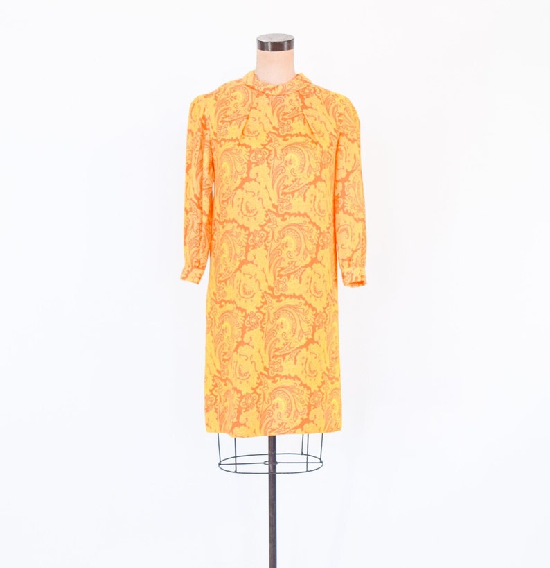 1960s Orange Yellow Print Dress 60s Yellow & Orange Nylon Print Shift Twiggy Medium image 8