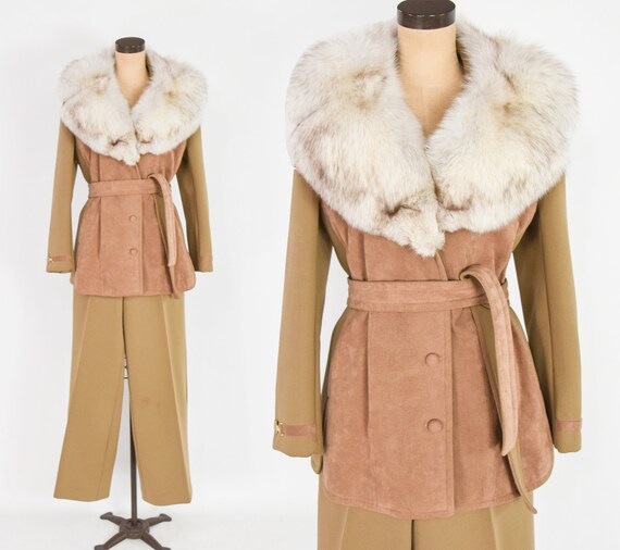 1970s Camel Knit Jacket Pant Suit | 70s Tan & Brow