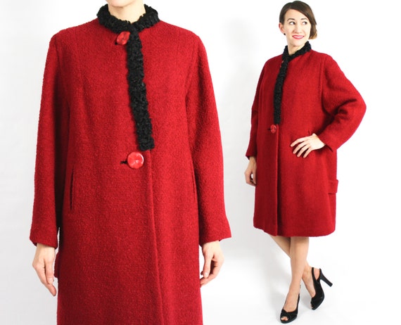 1940s Red Wool Coat | 40s Red Boucle Wool Coat | P