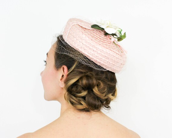 1950s Pink Straw Hat | 50s Pink Straw Pillbox Hat