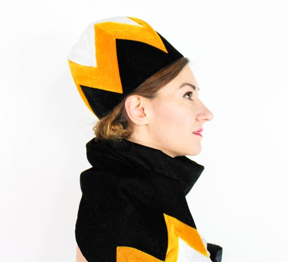 1960s Black Velvet Bubble Hat | 60s Black & Gold H