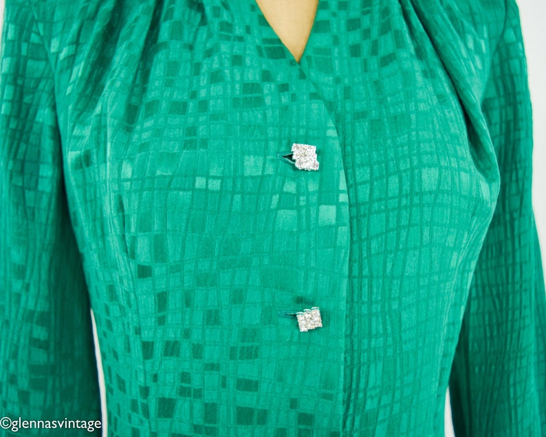 1980s Emerald Green Silk Dress 80s Green 100% Silk Dress Green Coat Dress Medium image 7