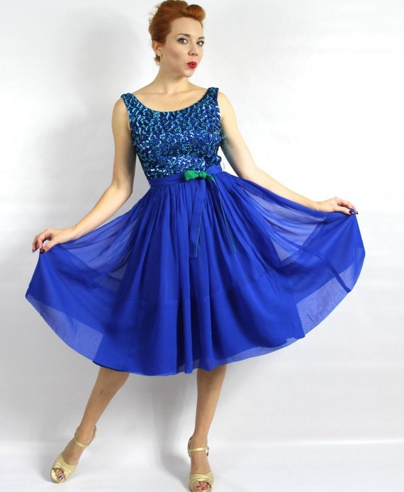 1950s Royal Blue Party Dress | 50s Blue Chiffon &… - image 1