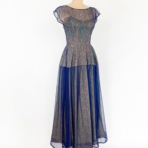 1950s Navy Lace Evening Gown 50s Navy Lace Illusion Dress Old Hollywood Small image 7