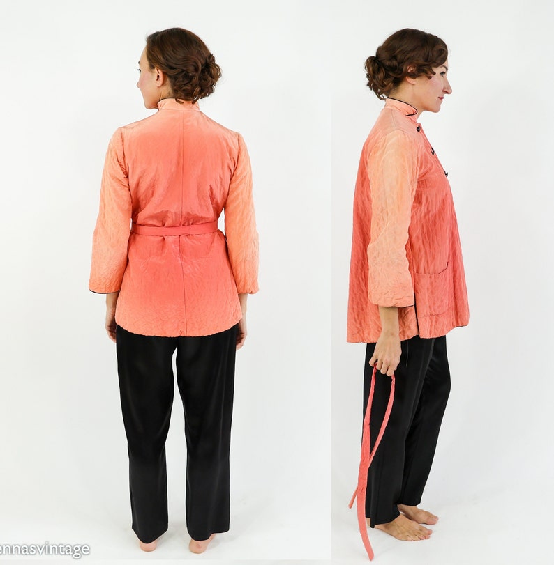 1940s Coral Quilted Pajamas Set 40s Peach Quilted Robe & Slacks Old Hollywood Medium image 4