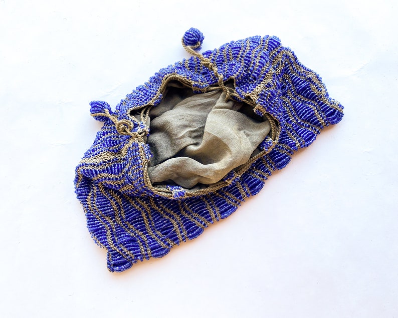 1900s Blue Beaded Evening Bag Royal Blue Glass Bead Purse image 8