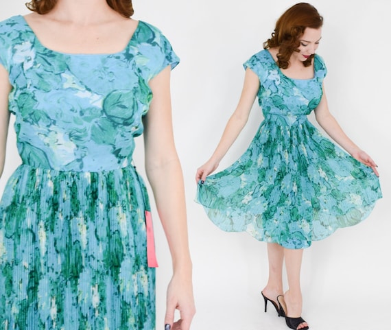 1950s Blue Silk Chiffon Floral Dress | 50s Turquo… - image 2