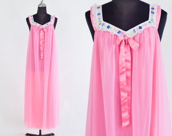 1960s Pink Nylon Nightgown | 60s Bubblegum Pink Nightgown | Shadow Line | Large