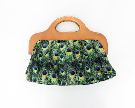 1980s Peacock Print Purse | 80s Peacock Feather F… - image 2