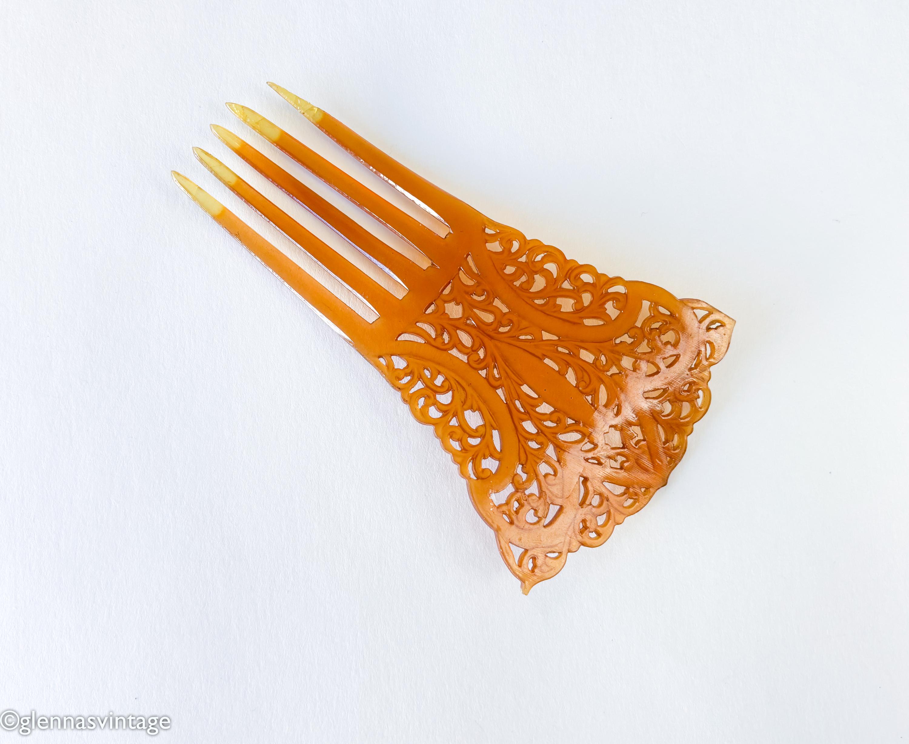 Vtg Hair Comb Art Deco Pale Amber Celluloid Edwardian Mantilla Style Antique Art Deco Celluloid Faux Amber Tortoise Shell  main image 4