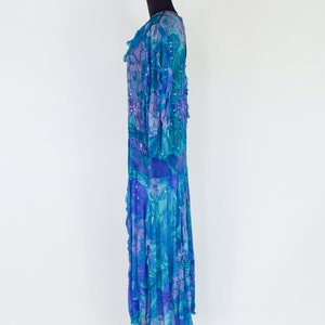 1980s Blue Silk Chiffon Ruffled Party Dress 80s Blue Beaded Chiffon Dress Judith Ann Creations Medium image 4
