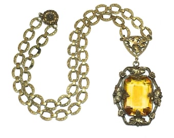 1930s Topaz Glass Filigree Necklace | Vintage Gold Pendant & Brass Chain
