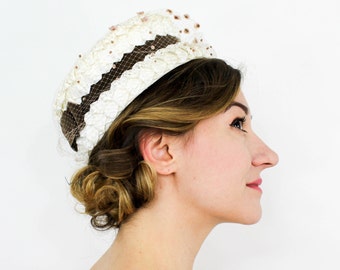 1960s White Straw Hat |  60s White Raffia Hat | Lenhar Model