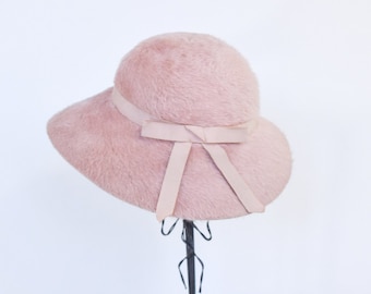 1950s Pink Mohair Hat | 50s Pale Pink Wool Hat | Neiman Marcus