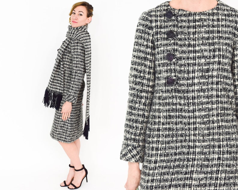 1960s Black /& White Wool Plaid Dress Medium 60s Gray Plaid Wool Dress with Scarf