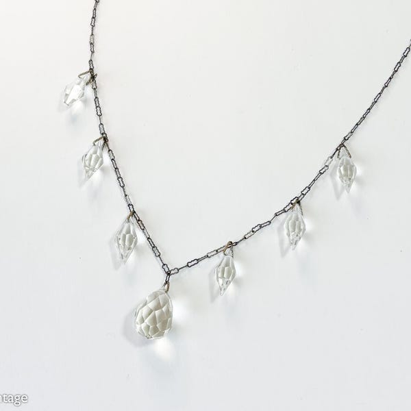 1930s Vintage Crystal Glass Pendant Necklace | Glass Drop Necklace