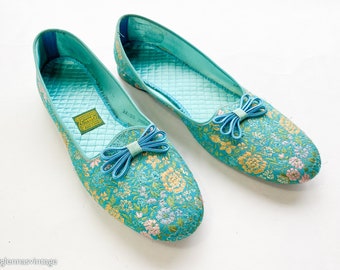 1950s Daniel Green Turquoise Brocade Slippers | Vintage Blue & Gold Shoes , Size 12