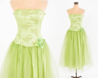 1990s Lime Green Party Dress | 90s Green Lace & Tulle Prom Dress | Green Strapless Evening Dress | Jessica McClintock | Small