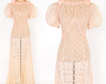 1930s Beige Lace Evening Gown | 30s Blush Pink Sheer Floral Lace Evening Dress | Small