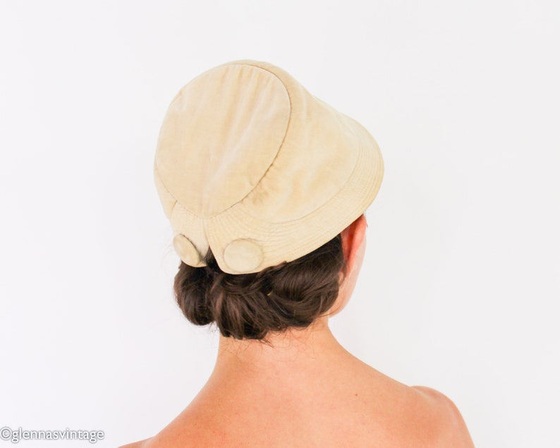 1940s Beige Velvet Hat 40s Beige Cotton Velvet Cap Gold Velvet Hat image 2