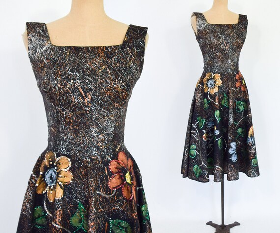 1950s Black Painted Sequin Party Dress | 50s Blac… - image 2