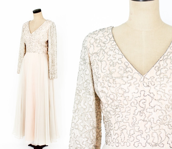 1960s Beige Beaded Evening Dress | 60s Beige Chif… - image 1